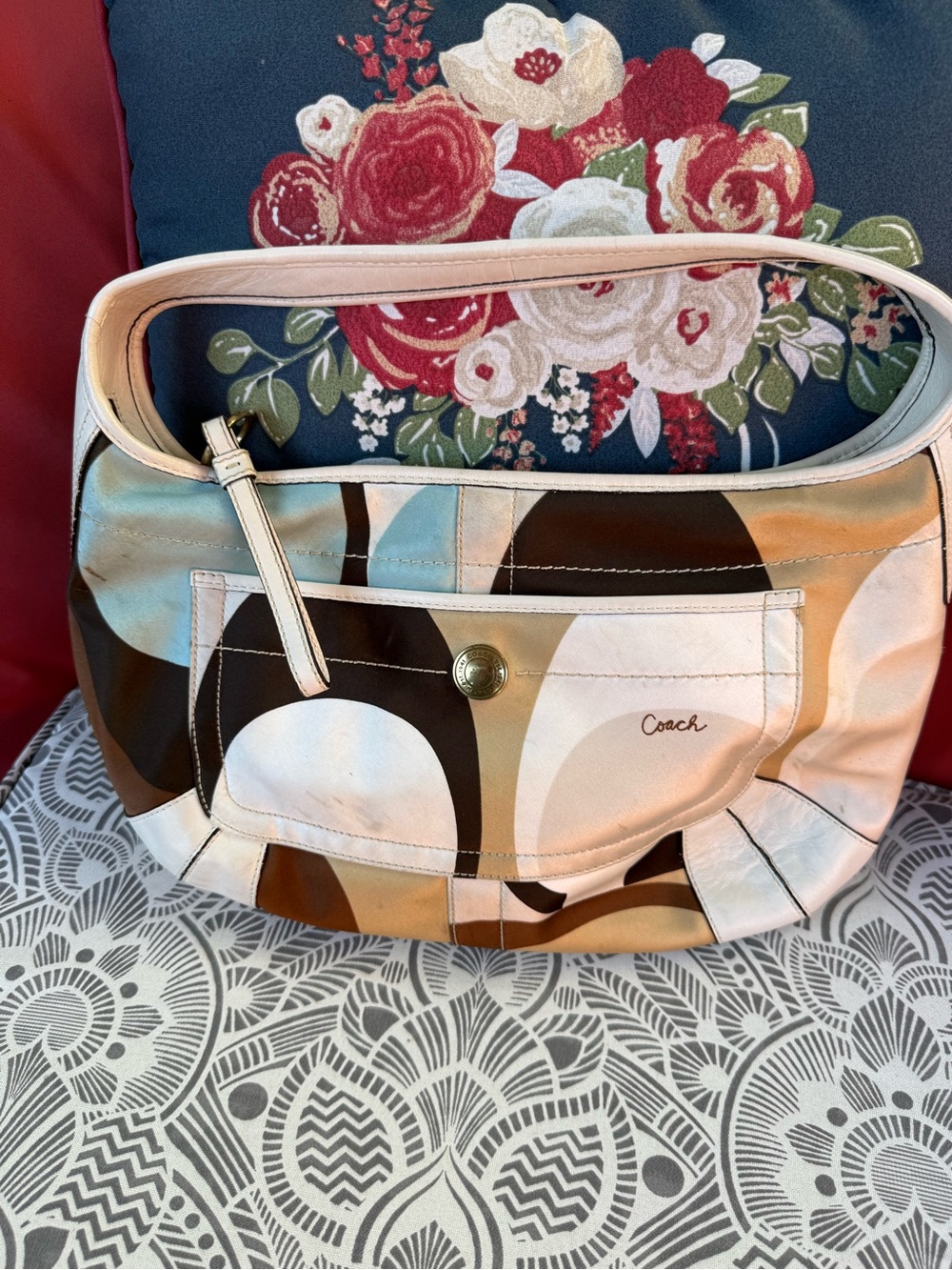 Coach Ergo Multi Color Signature Scarf Print Medium Hobo Shoulder Bag Purse